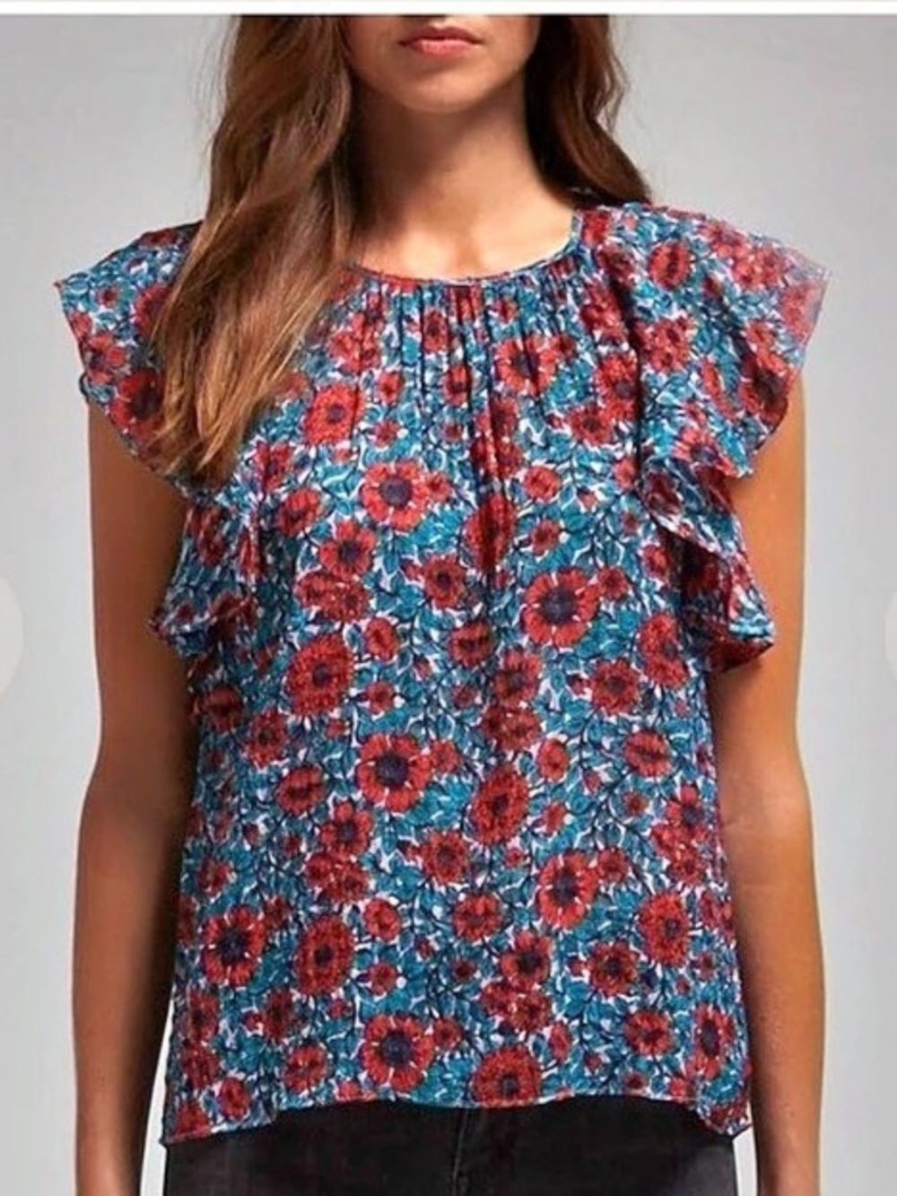 Rebecca Taylor Lindsay Ruffle Top Floral Blouse Blue & Red